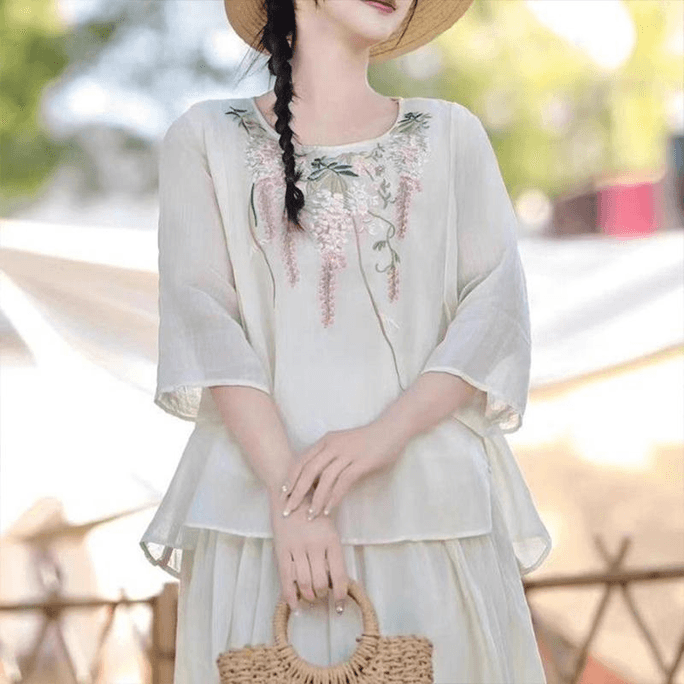 Chinese Style Embroidered Half Sleeve T Shirt Top White 2XL