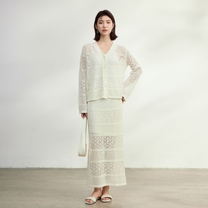 [중국 직송] HSPM 신실크&종이사 중공 V넥 스웨터 세트 (화이트) (M)