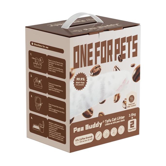 [북미 직배송] One for Pets Pea Buddy 천연 완두콩 두부 고양이 모래, 커피 가루 10%, 5kg (2.5kg x 2개) [최고급 고양이 모래] [새롭게 업그레이드된 천연 냄새 제거]