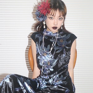 【中国直邮】 HSPM 复古新中式连衣裙  蓝色花丝绒长裙 辣妹风改良旗袍  深蓝花S