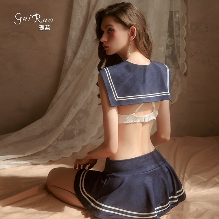 Fun lingerie pure female student outfit hollowed out backless uniform set blue one size fits all 3