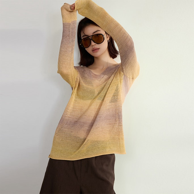 New V-Neck Hollow French Artistic Thin Knitted Sweater Gradient Yellow M
