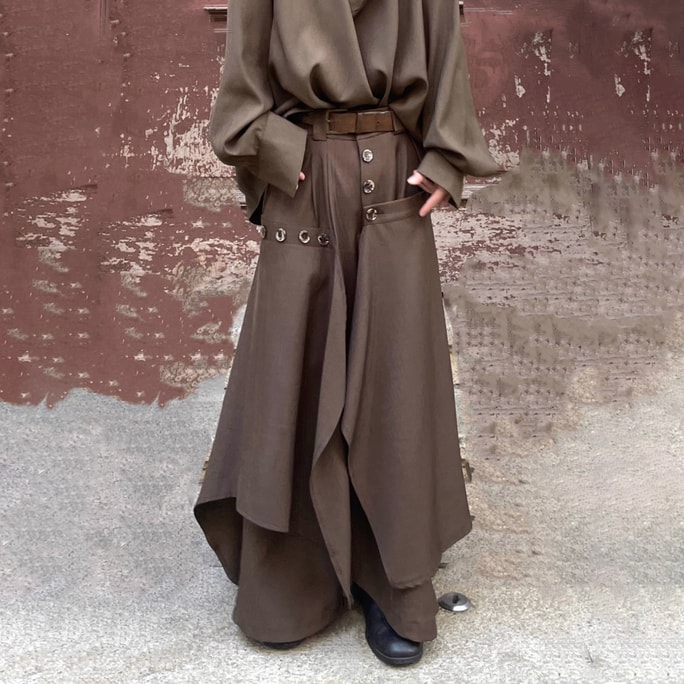 New Retro Style Asymmetrical Splicing Wide Leg Skirt Cropped Pants Small Casual Pants Coffee Brown M