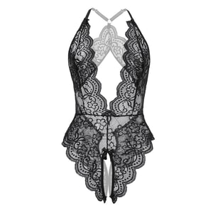 Fun Lingerie Sexy Deep V-lace Hollowed Out Jumpsuit White One Size