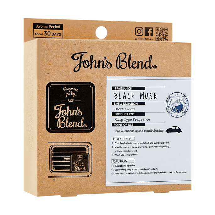 日本John's Blend 汽车冷气口夹式 车用芳香剂 #黑麝香 1件