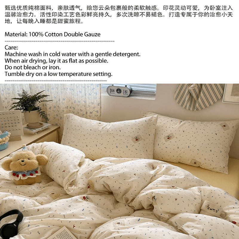Lullabuy 奶油泡泡純棉床上四件套 床單被套枕頭套-Double/Queen Size