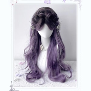 New Arrival Ash Purple Center-Parted Gradient Long Curly Wig Versatile Full Wig for Cosplay Gradient Ash Purple 【Center-Parted Style】 Hair Net 1Piece