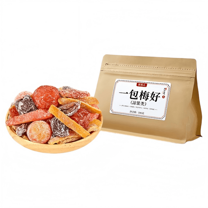 A pack Of Meihe Mixed Candied Fruit And Plum Meat With Rock Sugar Kumquat, Sweet And Sour *500g* 1 bag
