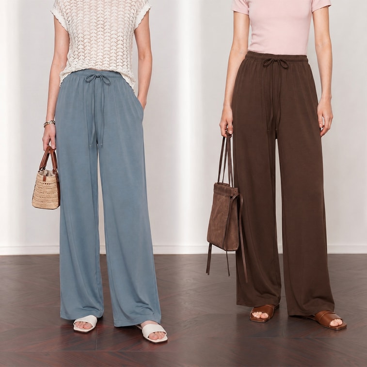 【Livraison directe depuis la Chine】 Pantalon décontracté en soie glacée HSPM bleu brume, longueur étendue M, 1 pièce. Pantalon long décontracté fin avec cordon de serrage et drapé droit. 4