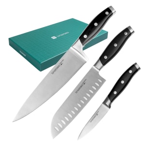 LINOROSO 3 Piece Knife Set  Chef Santoku Paring Knife Set with Elegant Gift Box Black