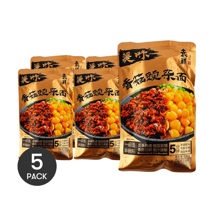 袁鲜 香菇豌杂面 238g  *5【5份超值装】【宵夜速食拌面】【四川特色】【一碗面半碗料】【亚米独家】