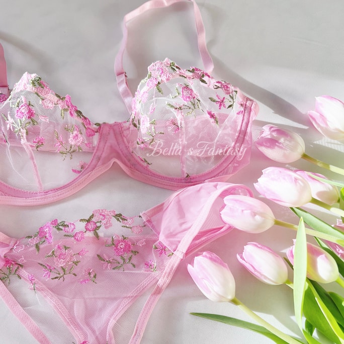 【NEW YORK】Bella’s Fantasy Sexy Floral Embroidery Lingerie Set Bra and Panty Pink M