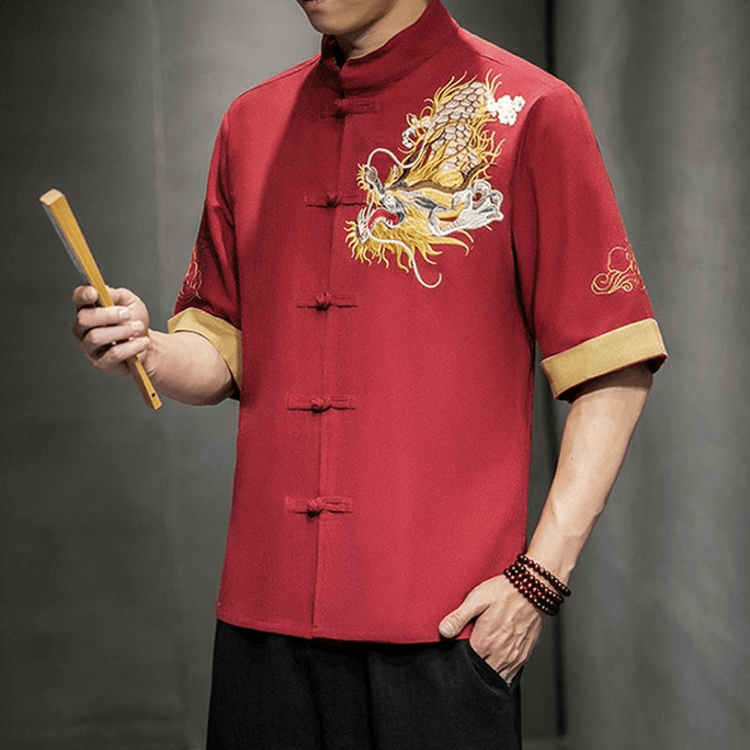 Chinese Style Men's Knot Button Dargon Embroidery Half Sleeve Color Block Blouse Red 5XL
