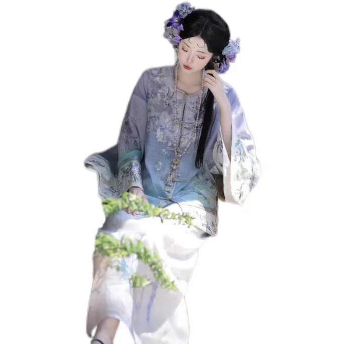 【中國直郵】 FOXTAIL 重工刺繡新中式國風漢服 清漢 女印花 漸層 套裝 復古 -藍色 M碼 1套