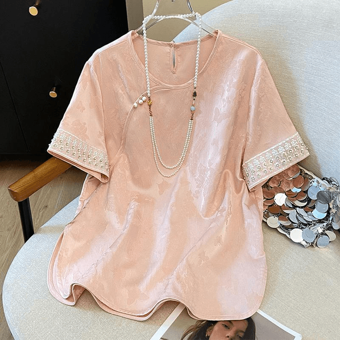 Chinese Style Stain Jacquard Beading Short Sleeve T Shirt Pink L