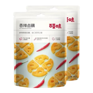 바이차오웨이 매콤한 연근찜 180g*2봉지 (총 360g) {알뜰 공유팩} 크고 진한 자주색을 띤 아삭한 연근의 가운데 부분을 엄선했습니다. 2회 침지(3일 + 2회) 과정을 거쳐 바삭한 식감을 살렸습니다. 2회 침지와 1회 조림 과정을 통해 신선하고 매콤한 풍미를 더했습니다. 사천 후추와 후난식 매운맛이 어우러져 상큼하고 매콤하면서도 아삭하고 달콤한 맛을 선사합니다. 개별 포장(약 7개입)되어 있어 TV 시청, 업무, 간식, 또는 음료와 함께 즐기기에 좋습니다.