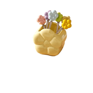 Stainless Steel Fruit Forks With Storage Jar, Cream Yellow, 7‑Piece Set