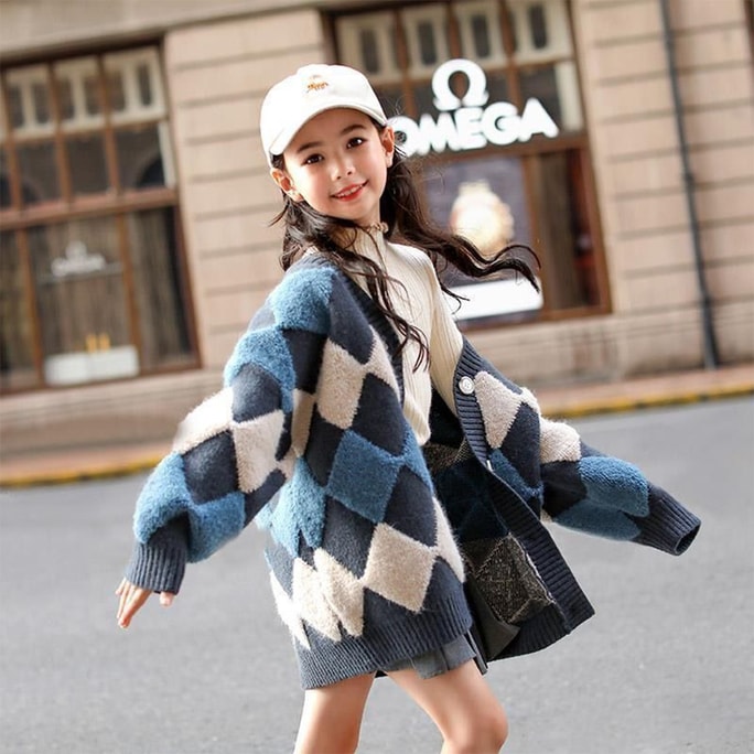 Casual Versatile Contrasting Cardigan Knit Sweater Navy 130