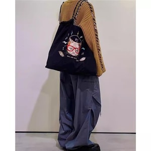 Japanese ball chain embroidery lift oblique span dual-purpose | cotton and linen literary shopping bag | foldable and portable- black lightning cat