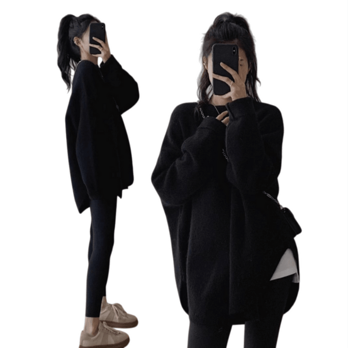 Loose Fit Medium-Length Knit Sweater with Round Neck and Split Hem Black  One Size