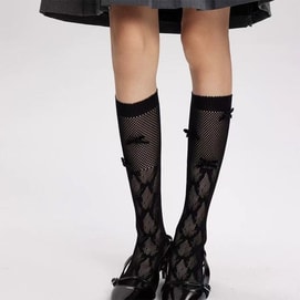 【中國直郵】 HSPM 新款甜美薄款蝴蝶結網眼中筒襪鏤空襪子 黑色 1雙裝