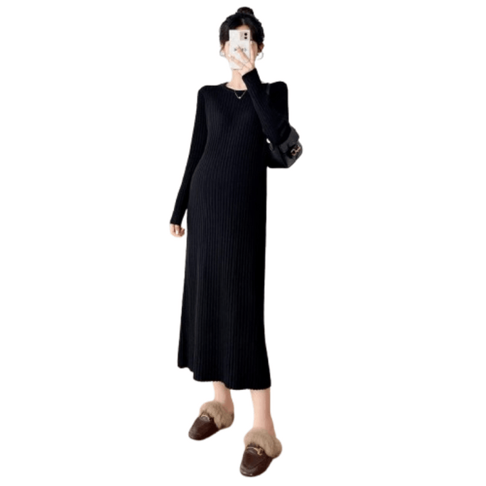 Maternity Knitted Dress New Winter Style Loose Long White And Black Sweater Dress For Pregnancy Black L Size 1 Piece