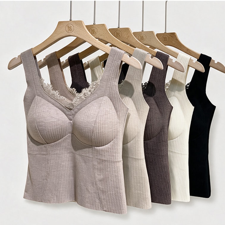Warm Camisole With Built-in Bra Pads Beige L 1 Piece Ultra-Soft Cloud-Skin Fabric Seamless Slight Brushed Lace V-Neck Lifting Zero-Feel 9