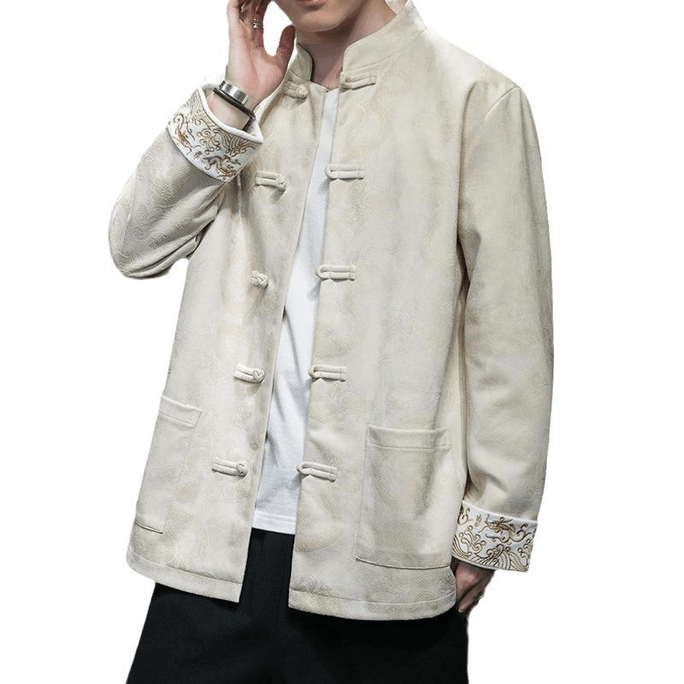Chinese Style Dragon Jacquard Retro Button Hanfu Casual Tang Costume Jacket For Men Beige Large