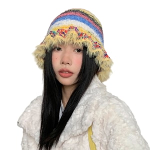 Vintage Rainbow Stripe Oil Painting Style Knitted Hat Ruffled Edge Trendy Cool Fisherman Hat Autumn Winter Women Fashion Cap Yellow F 1 Piece