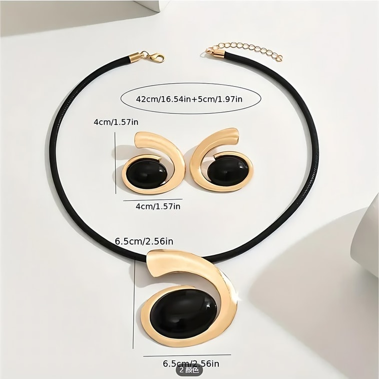 アイ・ワンチュンの人気イヤリングとネックレスのセット。トレンディな女性用ジュエリーセット。レトロな秋冬クリエイティブな大げさな幾何学模様の黒いペンダントネックレスとイヤリングのセット。普段使いにも、パーティーギフトにも最適。3点セット。 3