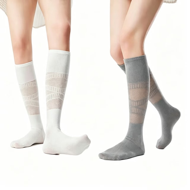 Professional Sports Compression Calf Socks 2-Pack [Gray & White] Summer Thin Version, Anti-Swelling, Anti-Clot, For Running, Cycling, Badminton, Tennis, Outdoor, Long Compression Socks 8