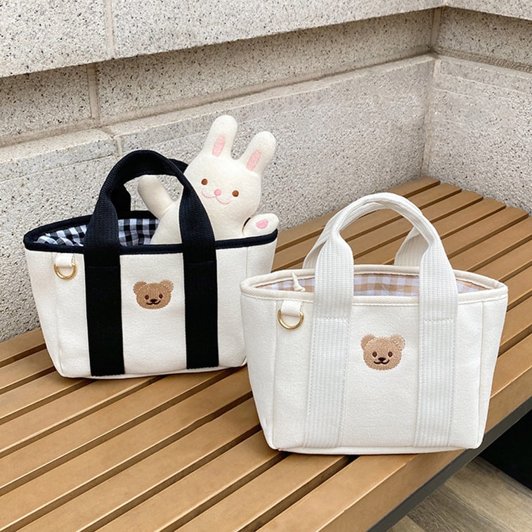 Korean Ins Drawstring Storage Multifunctional Handheld Baby Bag Embroidered Bear Canvas Bag Lightweight Outdoor Bag Drawstring Black Plaid Bear Bag One Piece 6