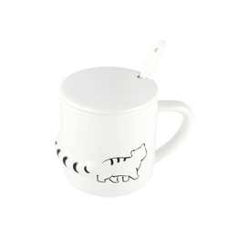 白色猫咪陶瓷马克杯水杯咖啡杯可爱礼物 附杯盖汤匙 3.5" D x 3.75" H