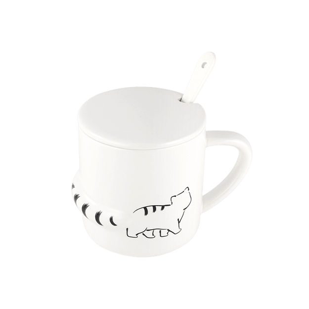 商品详情 - 白色猫咪陶瓷马克杯水杯咖啡杯可爱礼物 附杯盖汤匙 3.5\" D x 3.75\" H - image  0