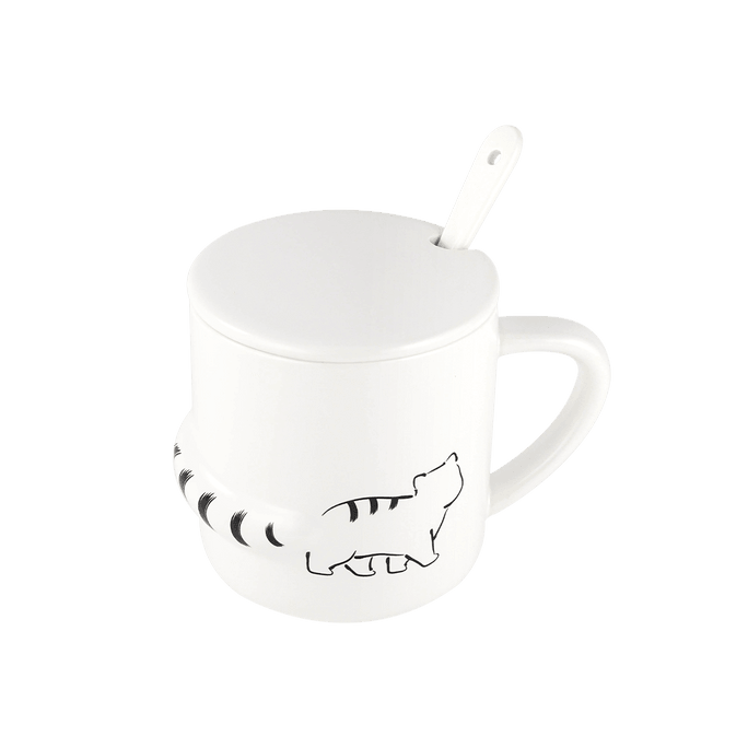 白色猫咪陶瓷马克杯水杯咖啡杯可爱礼物 附杯盖汤匙 3.5" D x 3.75" H