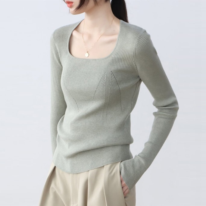 【中國直郵】 HSPM 新款方領內搭打底修身顯瘦針織衫 薄荷綠 M
