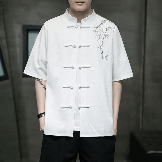 Chinese Style Silk Embroidery Knot Button Short Sleeve Tang Suit Blouse White M