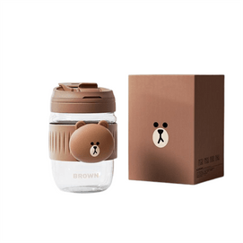 Glass Straw Cup Brown Bear High Value Water Cup Coffee Juice Cup Double Drinking Portable Cup 580ml