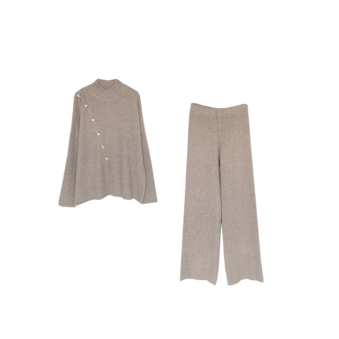 Half-high neck knitted sweater pants two-piece khaki