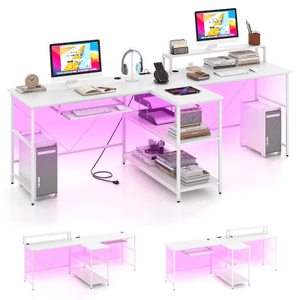 94.5 Inch 2-Person Reversible Computer Desk Long Office Desk With LED Lights-White