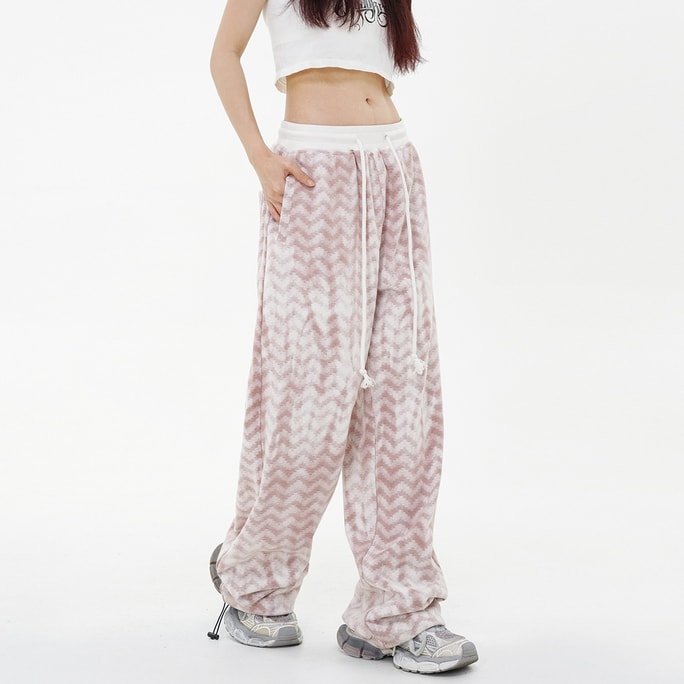 HSPM New Diamond Ripple Grid Loose Casual Versatile Contrast Color Drawstring Wide Leg Pants Grey White Pink M