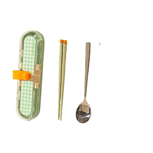 Stainless Steel Chopstick Spoon With Storage Box, Green Plaid, 2‑Piece Set