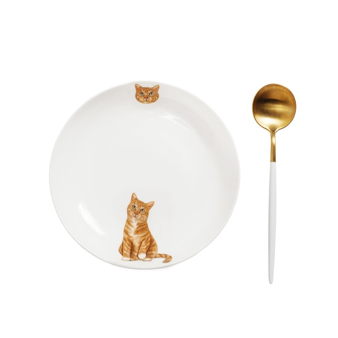 Petorama陶瓷宠物肖像两边印花8”圆形餐盘+陶瓷把手金色不锈钢餐勺套装-橘猫