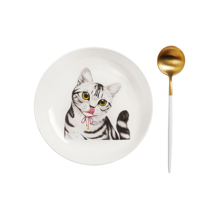 Petorama陶瓷宠物肖像中间印花8“圆形餐盘+陶瓷把手金色不锈钢餐勺套装-美国短毛猫