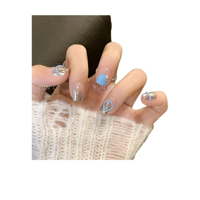 【中国直邮】 云皙 纯手工美甲高级感成品猫眼短款指甲贴片奶蓝加冰XS10片*1盒