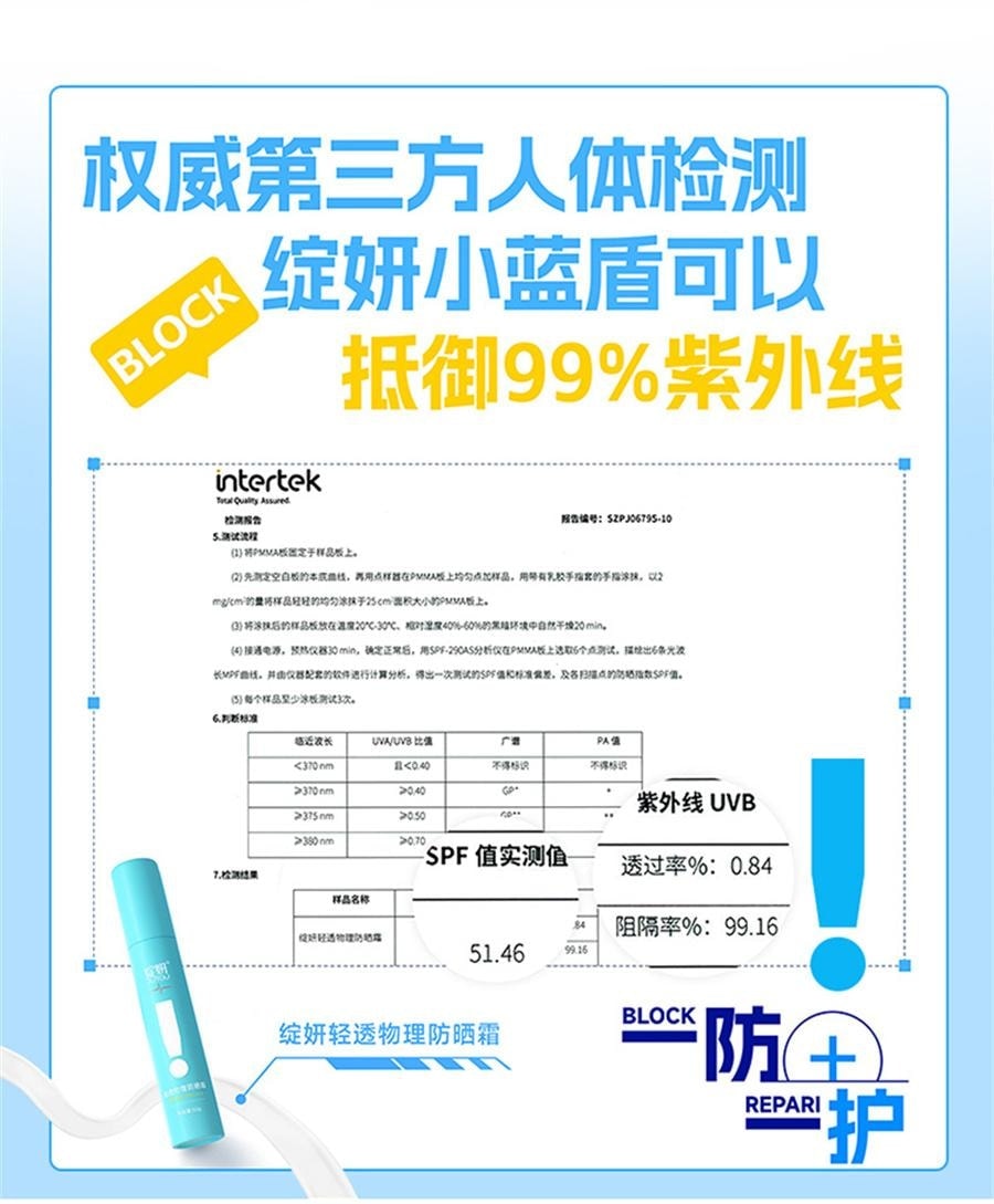 【中国直邮】 绽妍 透物理防晒霜 敏感肌防晒霜乳SPF50+小蓝盾防紫外线清爽隔离霜 50g/瓶【小红书种草推荐】