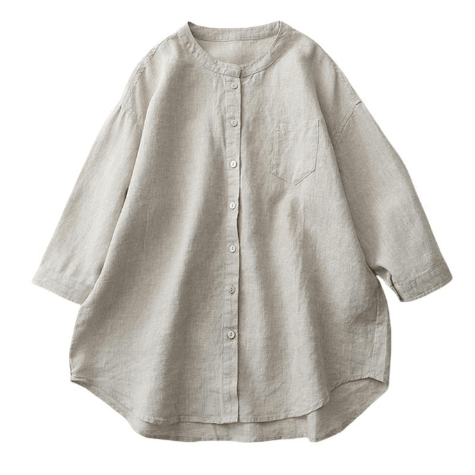 Chinese Style Women Cotton Linen Three-quarter Sleeves Loose Blouse with Pocket Beige M