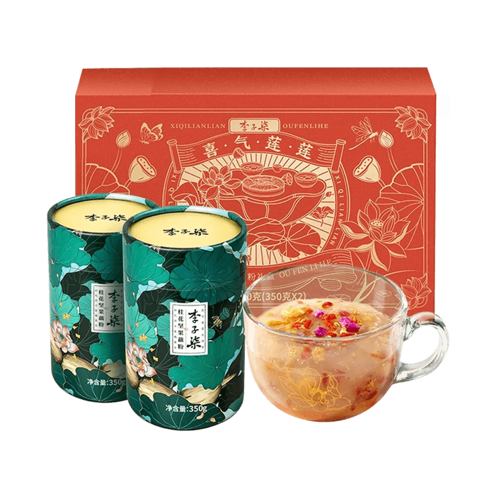 李子柒 喜气莲莲 桂花坚果藕粉 2罐装 日常版礼盒 700g【附带好运杯子+勺子+密封夹】