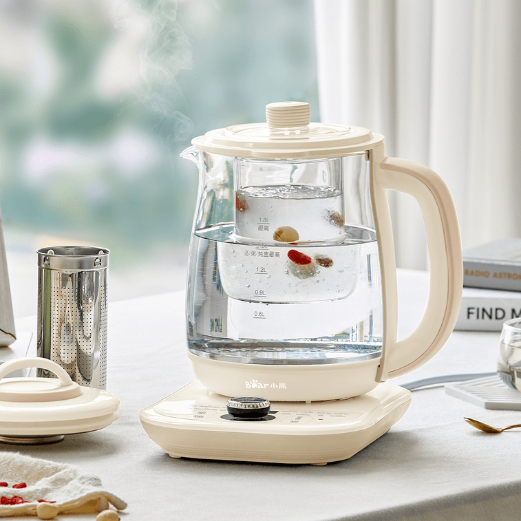 ガラスとステンレススチール製の電気ケトル（取り外し可能なティーバスケット付き）、容量60.87液量オンス（YSH-D18L5）、クリーム色 6