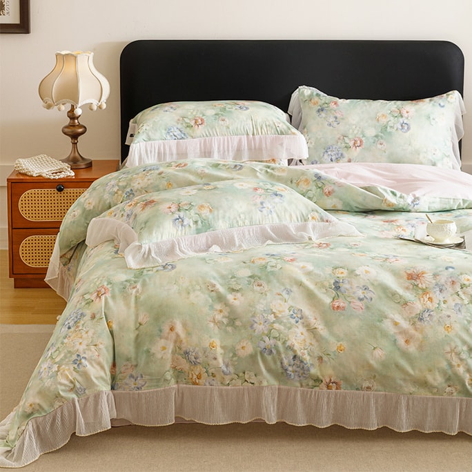 100% Cotton French Vintage Oil Painting Lace Bedding Set For 1.5m/1.8m Bed. Cute Floral Print, Soft & Breathable. Creates A Monet Garden Romantic Bedroom Vibe For Sweet Sleep.